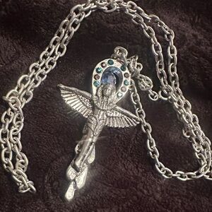 Silver pewter Ankh of Isis Pendant Necklace with emerald & amethyst gems